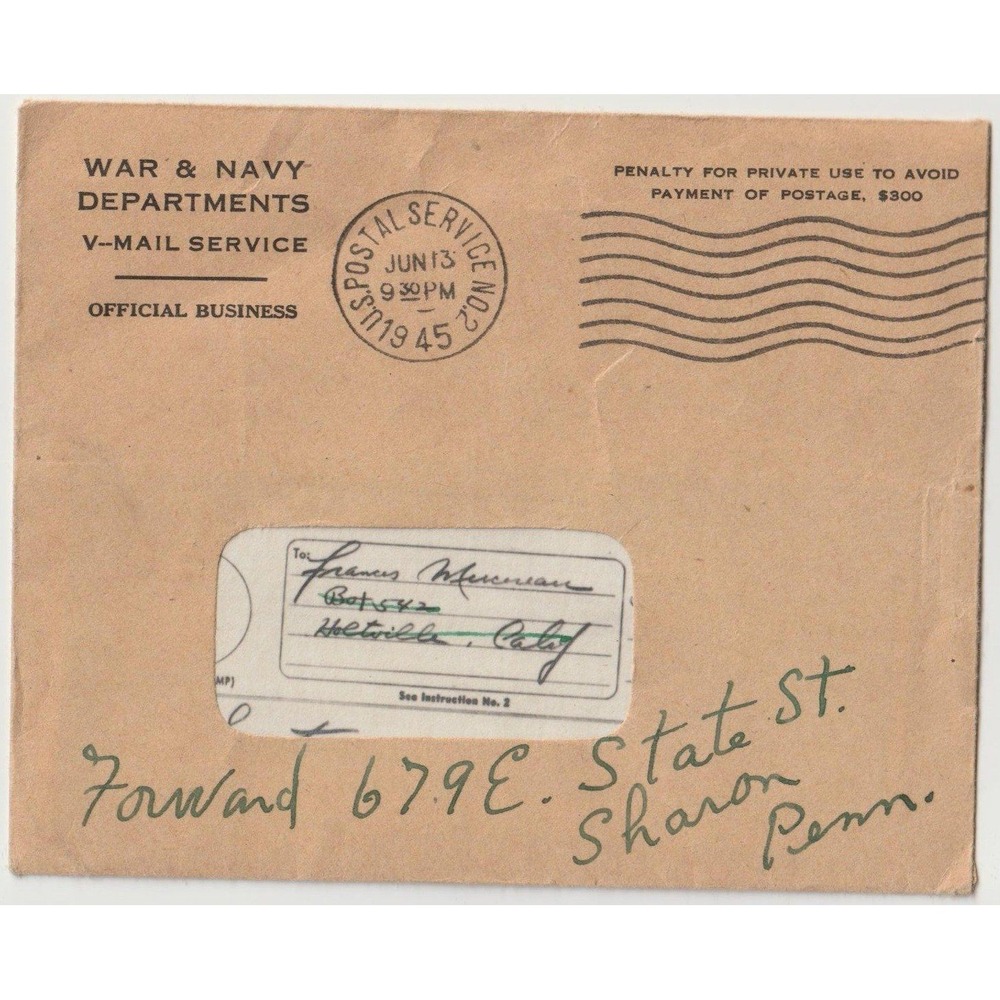 1945 WWII V-Mail Cover Envelope Francis Merriman Holtville CA Forwarded PA
